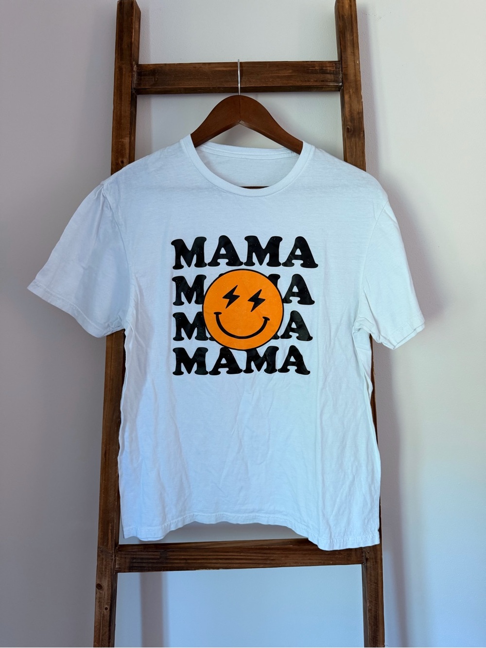 White 'MAMA' Graphic Tee with Orange Smiley